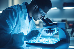 pathologist examining a microscope slide