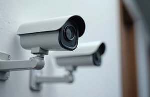 CCTV security cameras mounted on office building wall. Video surveillance system provides home, business safety from thieves. Modern tech to protect privacy, property.