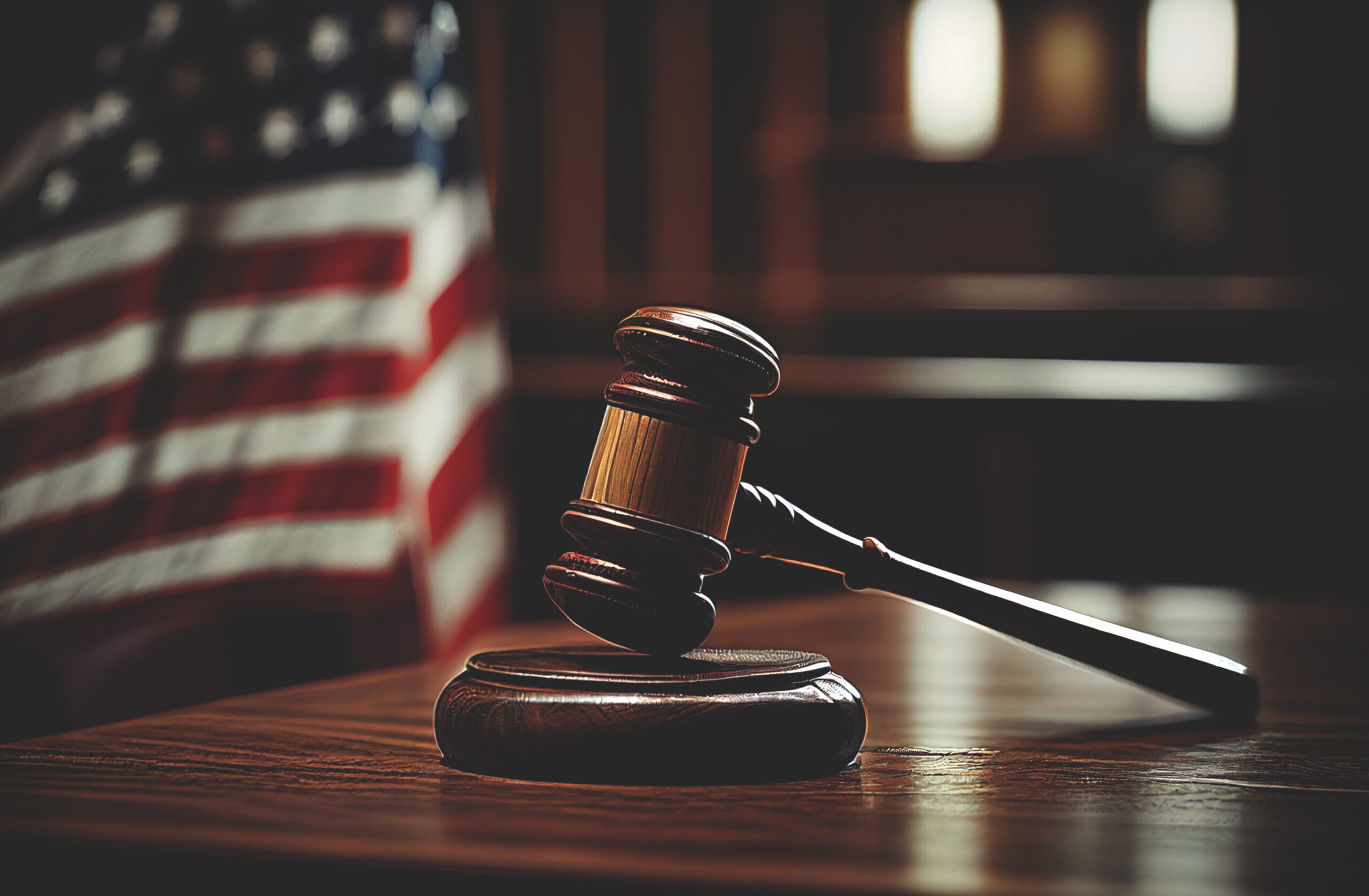 Mallet of judge in American courtroom. American flag in courtroom with Judge hammer or Mallet of judge. Justice concept in courtroom. Сourt of USA, United States (SCOTUS), appellate jurisdiction.