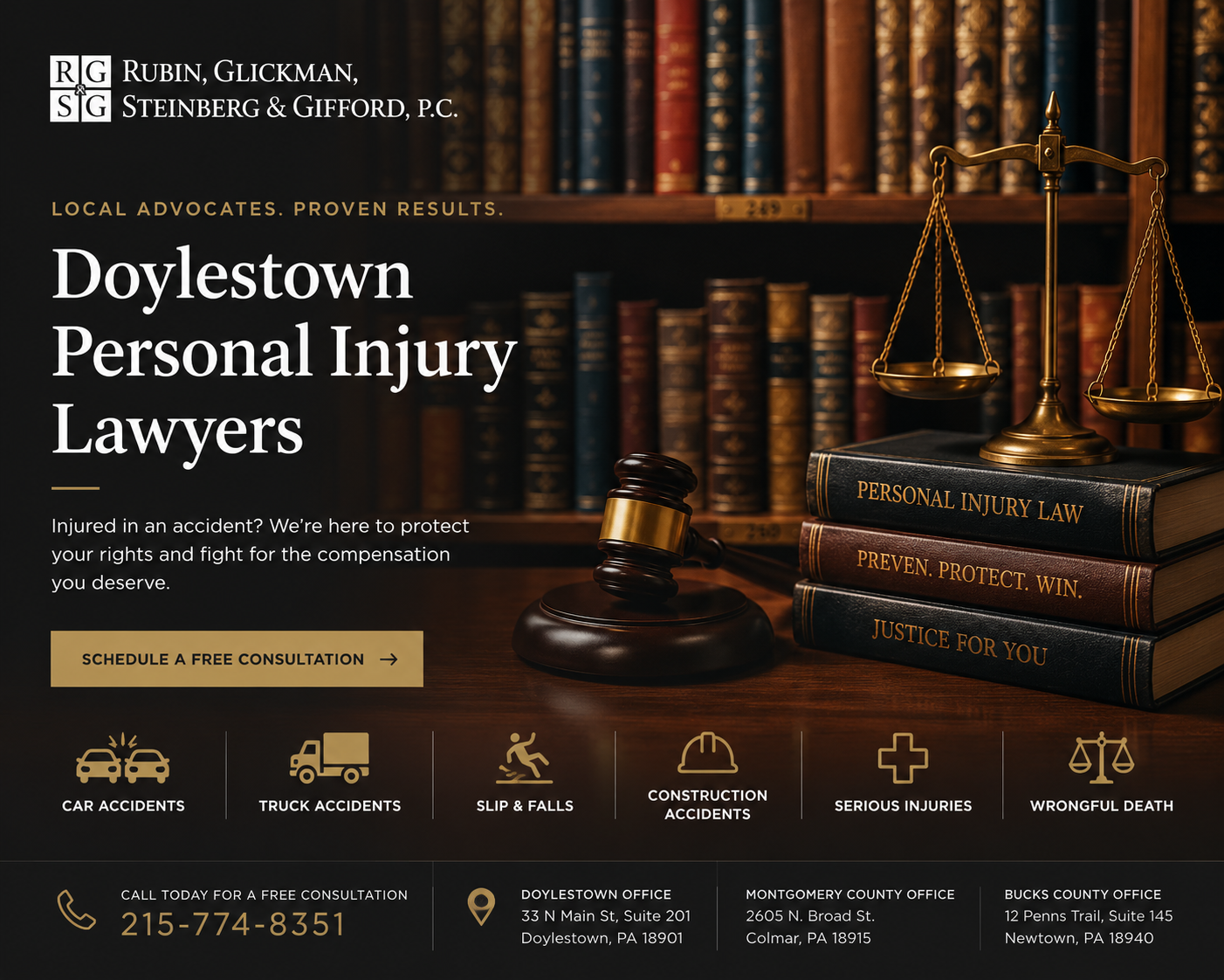 Doylestown personal injury lawyers at Rubin Glickman Steinberg and Gifford serving injured accident victims from their Doylestown Bucks County office