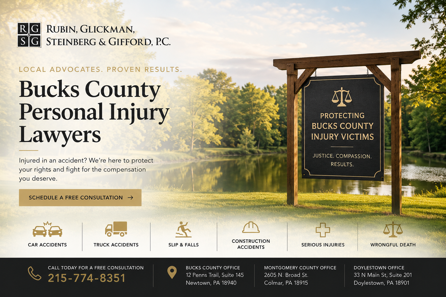 Bucks County personal injury lawyers at Rubin Glickman Steinberg and Gifford protecting injury victims with offices in Newtown Colmar and Doylestown Pennsylvania
