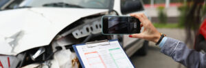 Insurance agent photographing crashed car and completing report on smartphone