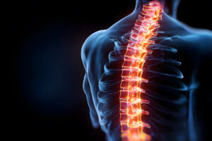 Spinal cord awareness ,human spine highlighted with glowing effect, medical illustration style, spinal cord injury concept