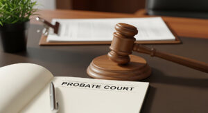 Probate court legal documents on office desk, wooden judge gavel and law books, inheritance and estate planning concept with legal paperwork