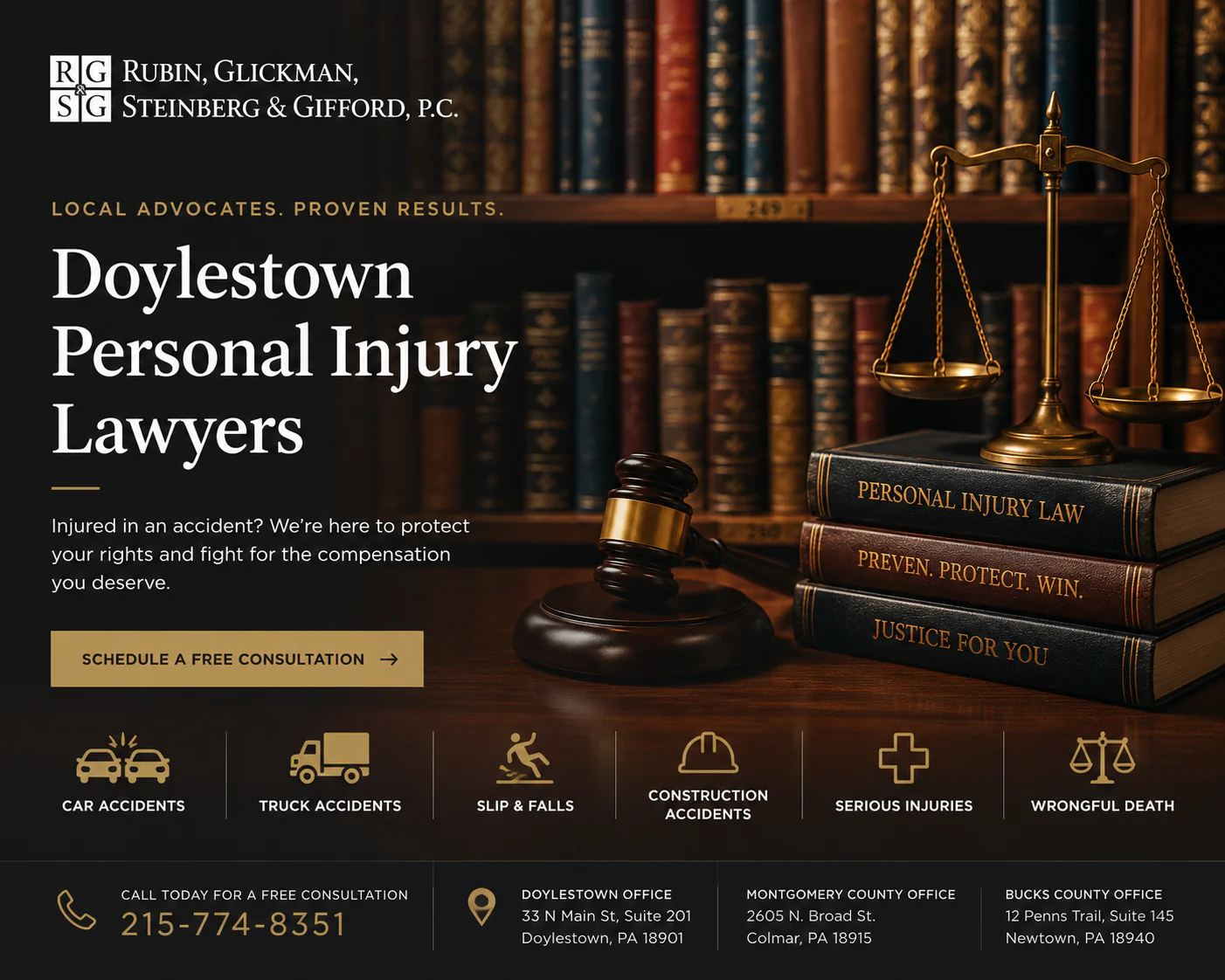 Doylestown personal injury lawyers at Rubin Glickman Steinberg and Gifford serving injured accident victims from their Doylestown Bucks County office
